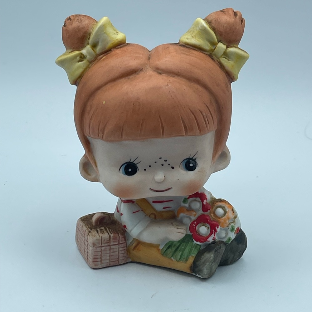 Retro Ceramic Figurine Girl Overalls Pigtails Picnic Basket And Flowers 70’s